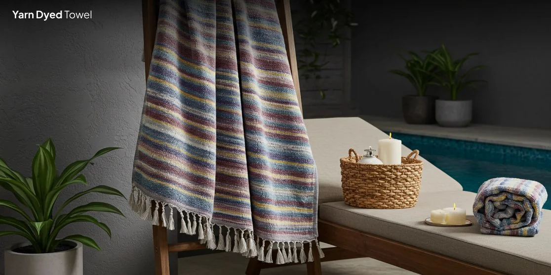 YARN DYED TOWEL on wooden stand by pool.